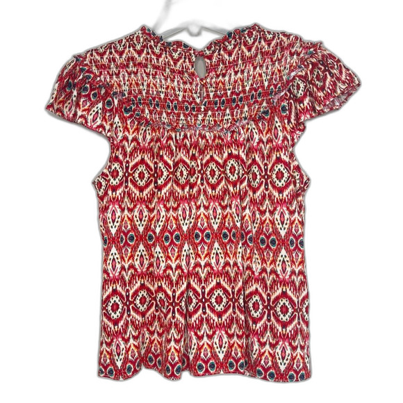 Rose & Olive Smocked Cap Sleeve Keyhole Back Western Print Boho Blouse SZ L - Picture 3 of 13